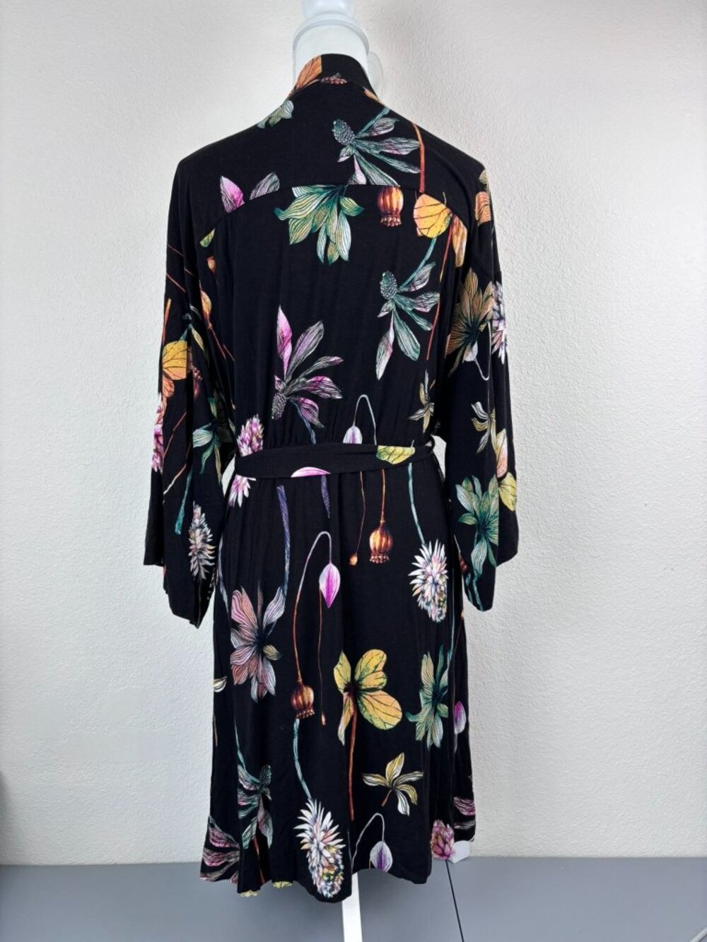 Soma cool nights large XL black botanical floral kimono tie robe loungewear - Picture 6 of 8